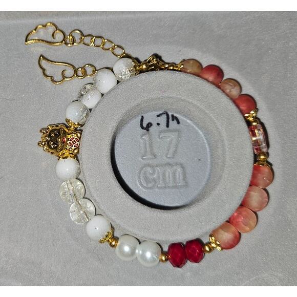 Red White Wire Bracelet w beaded Dragon and Winged Dangle Charms #971 - Picture 1 of 5